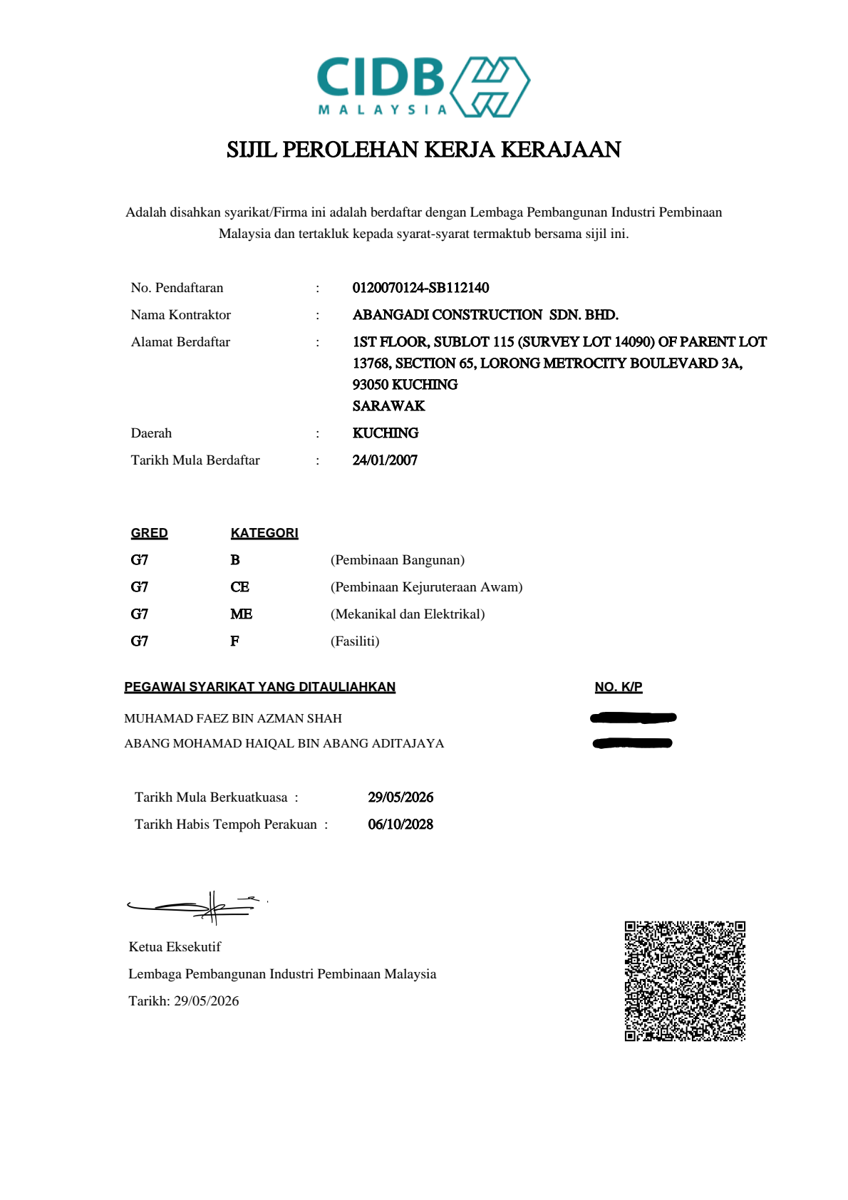 AbangAdi Construction CIDB SPKK Government Procurement Certificate