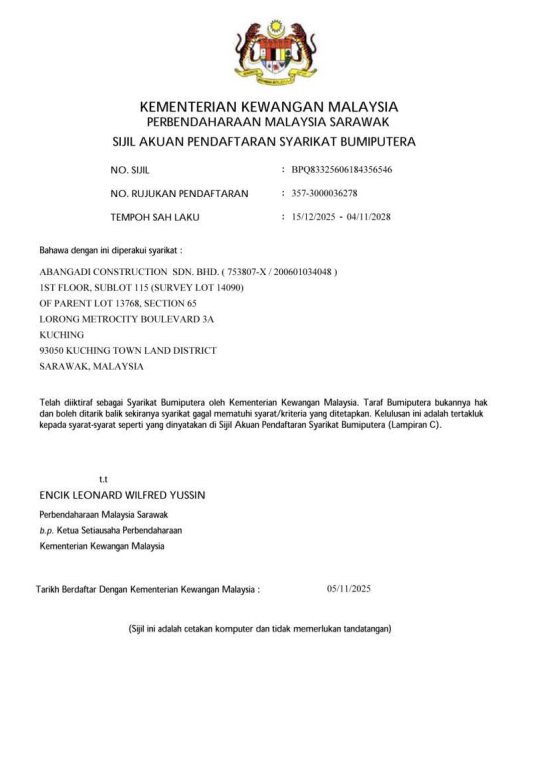 MOF Bumiputera Certificate